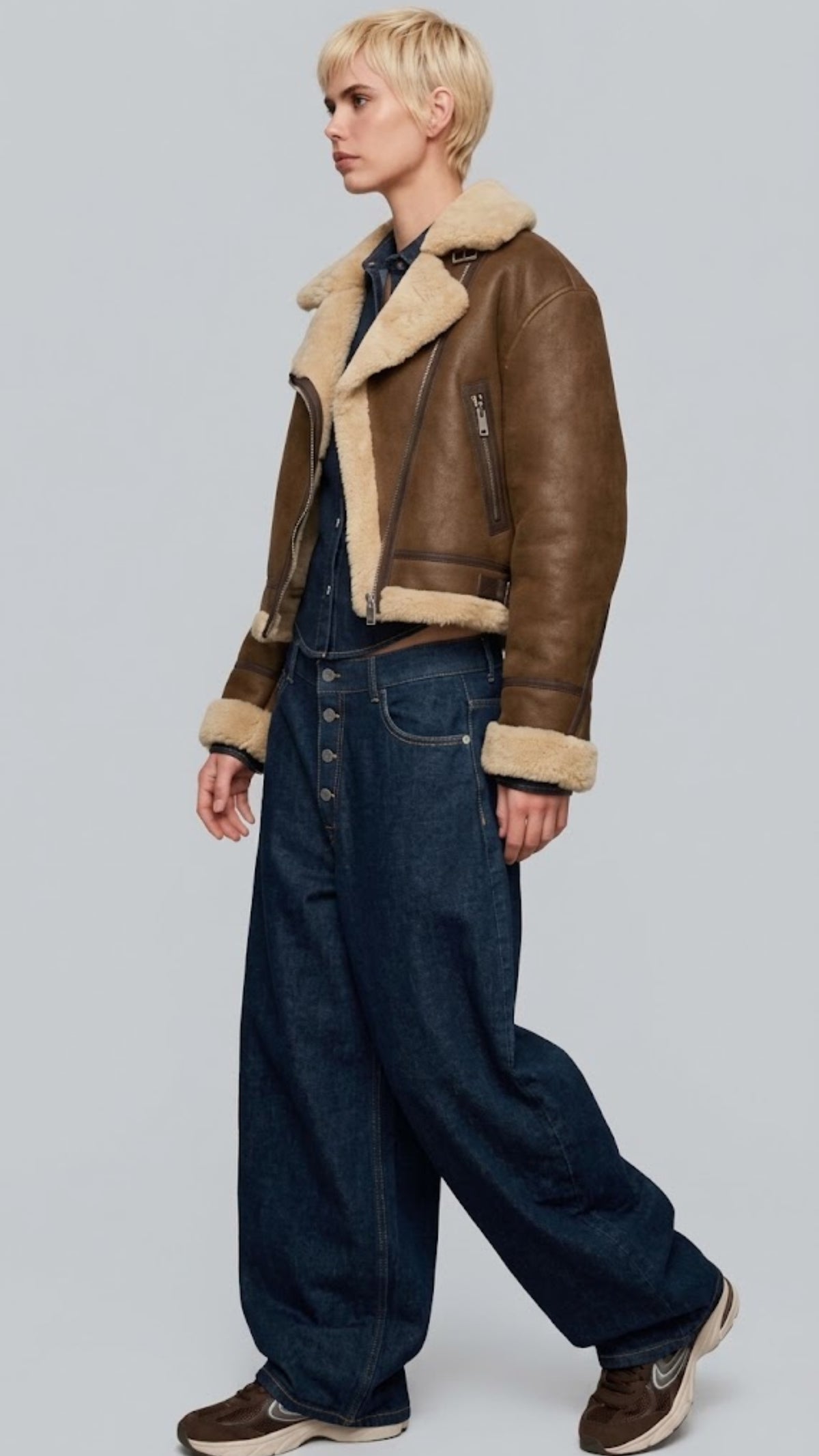 BROWN LEATHER CROPPED AVIATOR FLIGHT JACKET WITH CREAM SHEARLING
