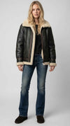 PREMIUM BLACK LEATHER AVIATOR FLIGHT JACKET WITH FAUX CREAM SHEARLING