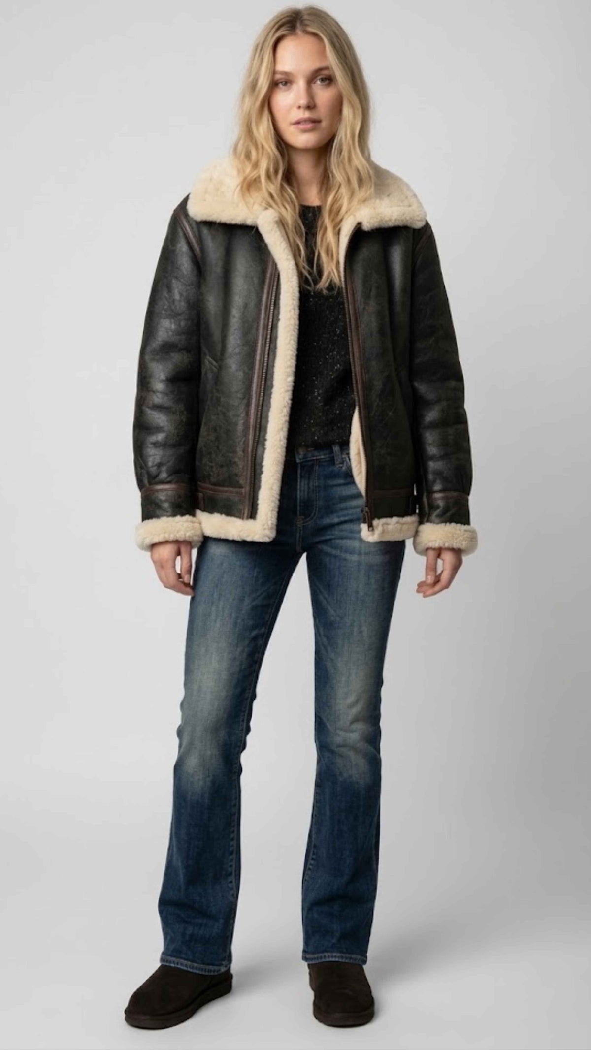 PREMIUM BLACK LEATHER AVIATOR FLIGHT JACKET WITH FAUX CREAM SHEARLING
