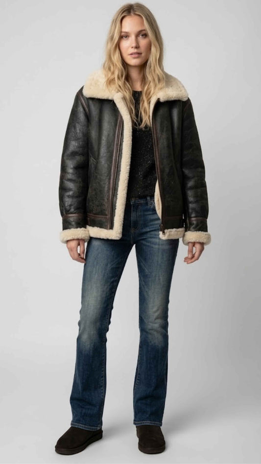 PREMIUM BLACK LEATHER AVIATOR FLIGHT JACKET WITH FAUX CREAM SHEARLING