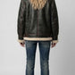 PREMIUM BLACK LEATHER AVIATOR FLIGHT JACKET WITH FAUX CREAM SHEARLING