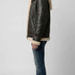 PREMIUM BLACK LEATHER AVIATOR FLIGHT JACKET WITH FAUX CREAM SHEARLING