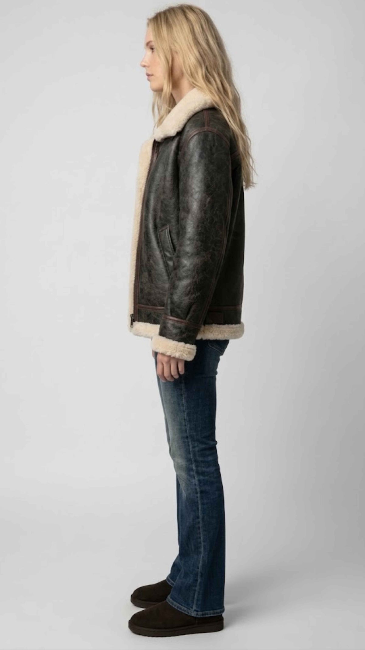 PREMIUM BLACK LEATHER AVIATOR FLIGHT JACKET WITH FAUX CREAM SHEARLING