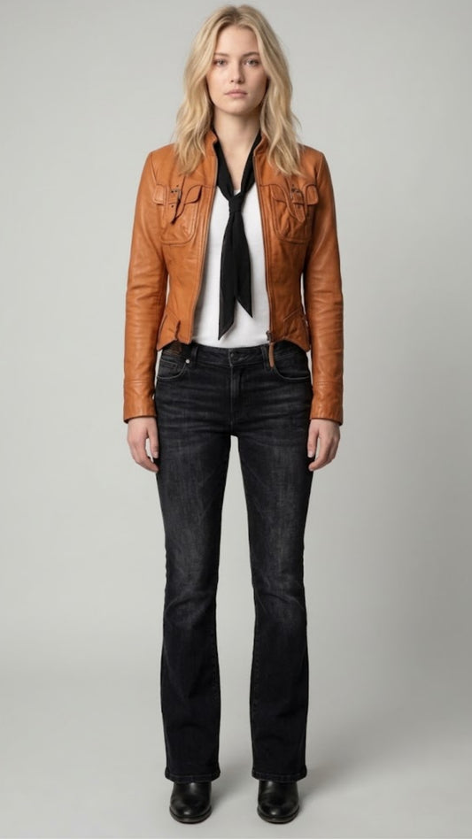 LIGHT BROWN LEATHER BIKER JACKET