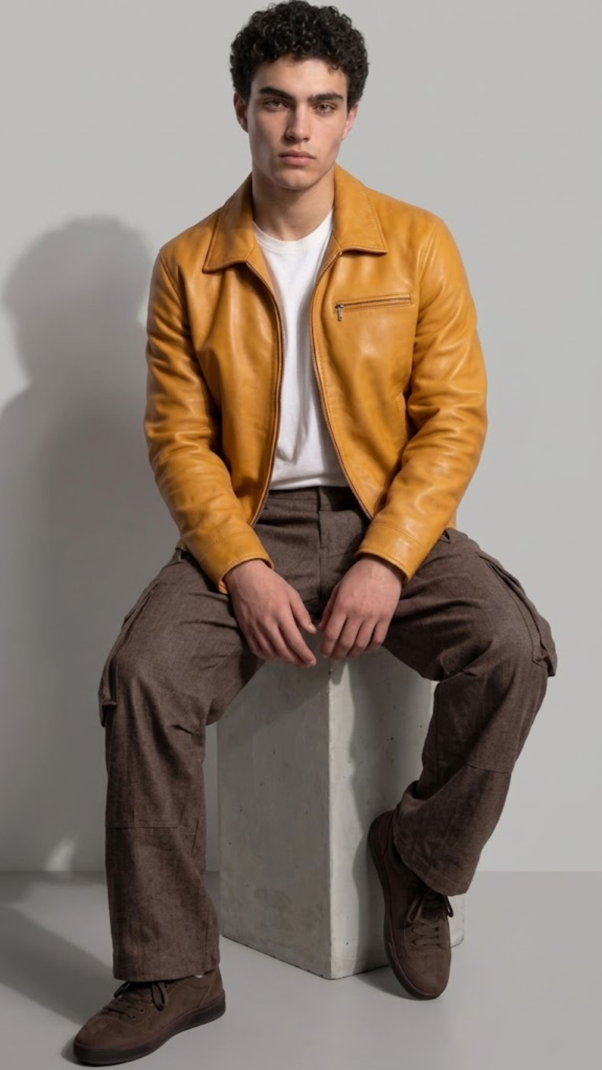 A model sits cross-legged on a concrete floor wearing a burgundy leather moto jacket, black jeans, and white sneakers against a neutral gray background.