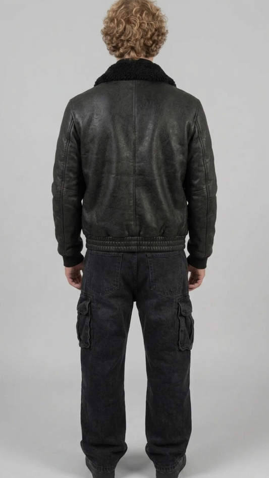 Mens premium all-black aviator jacket crafted from high-quality leather and plush black shearling.