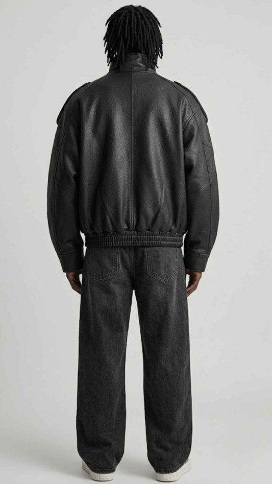 Back view displaying oversized dropped shoulder silhouette and ribbed hem on genuine black leather coat.