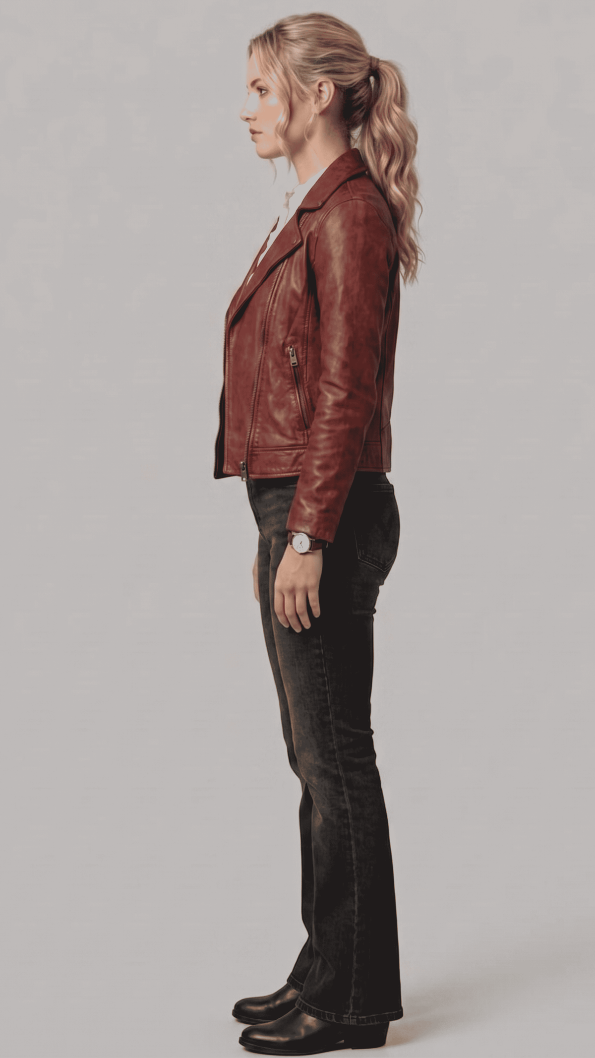 a model wearing a premium burgundy motorcycle leather jacket styled with black denim for a bold contrast.