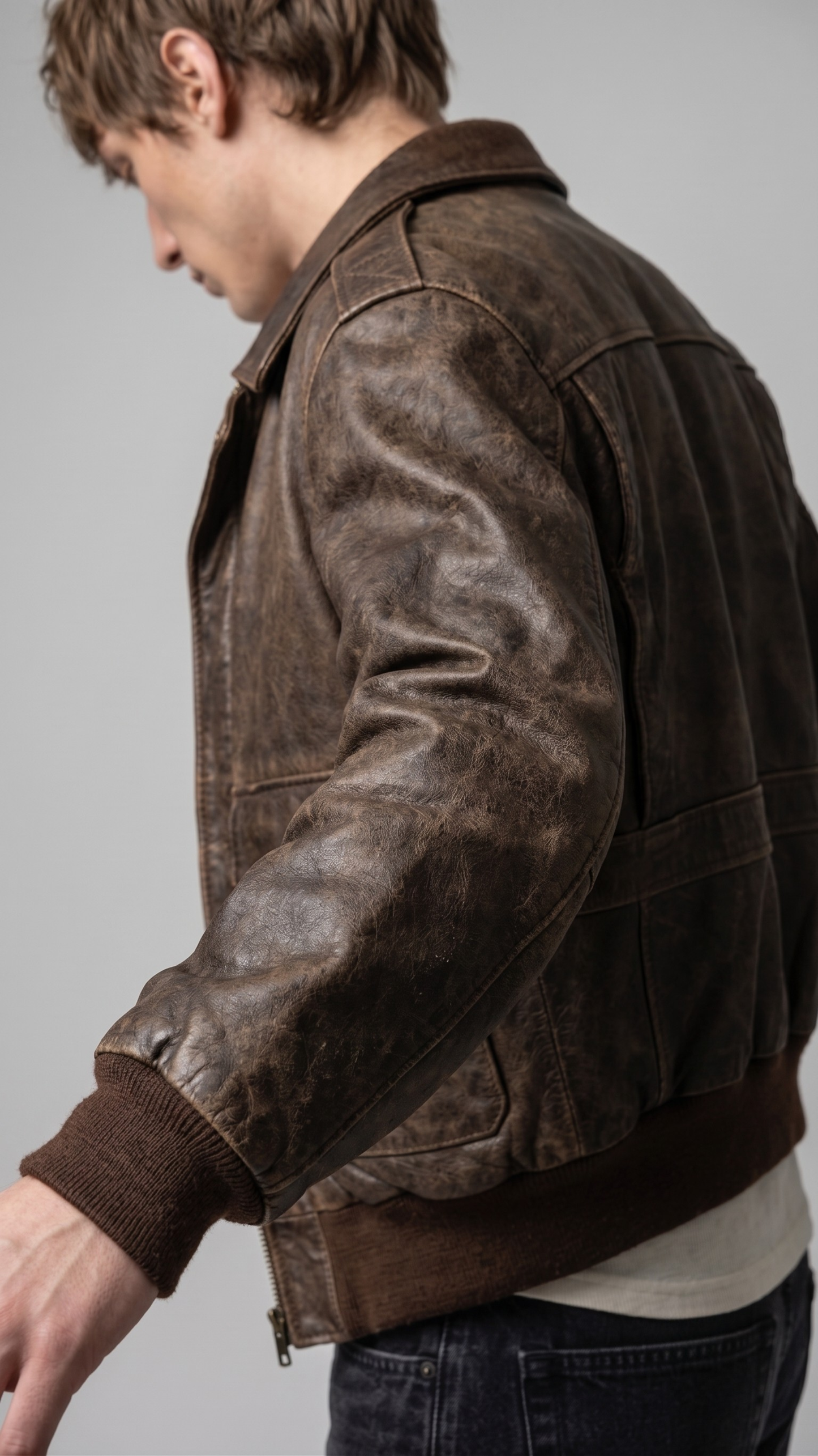 Macro detailed focus capture capturing the authentic distressed markings and rich textured patina of the rustic brown leather jacket.