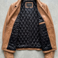 Jackero jacket flat lay presentation featuring the contemporary camel brown leather rider jacket neatly displayed on a neutral background.