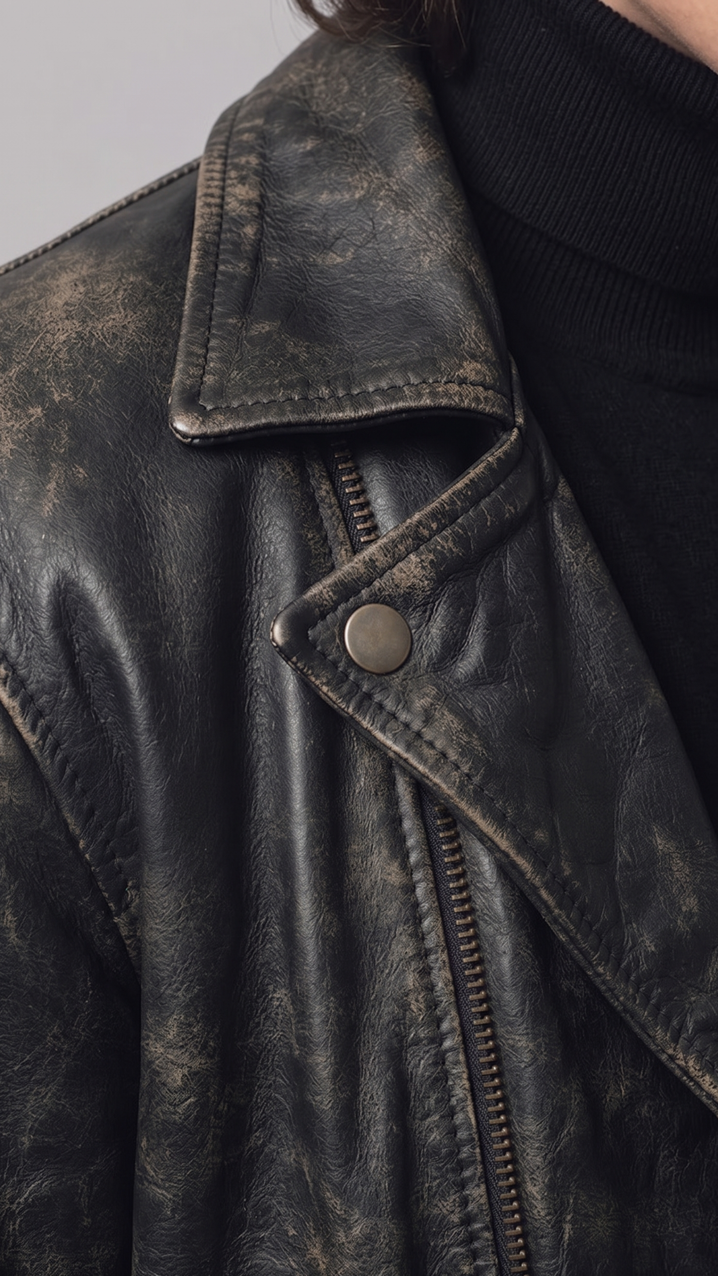 Close-up of a distressed black leather jacket with a pointed collar and silver snap button, worn over a black top.