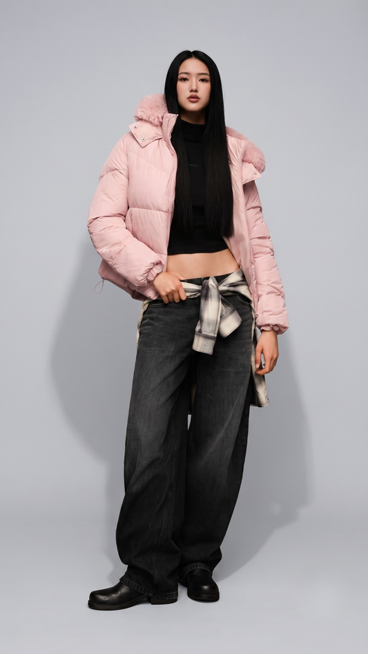 Front view of a model wearing a cozy baby pink puffer jacket with a plush pink fur hood, posed against a solid grey studio background.
