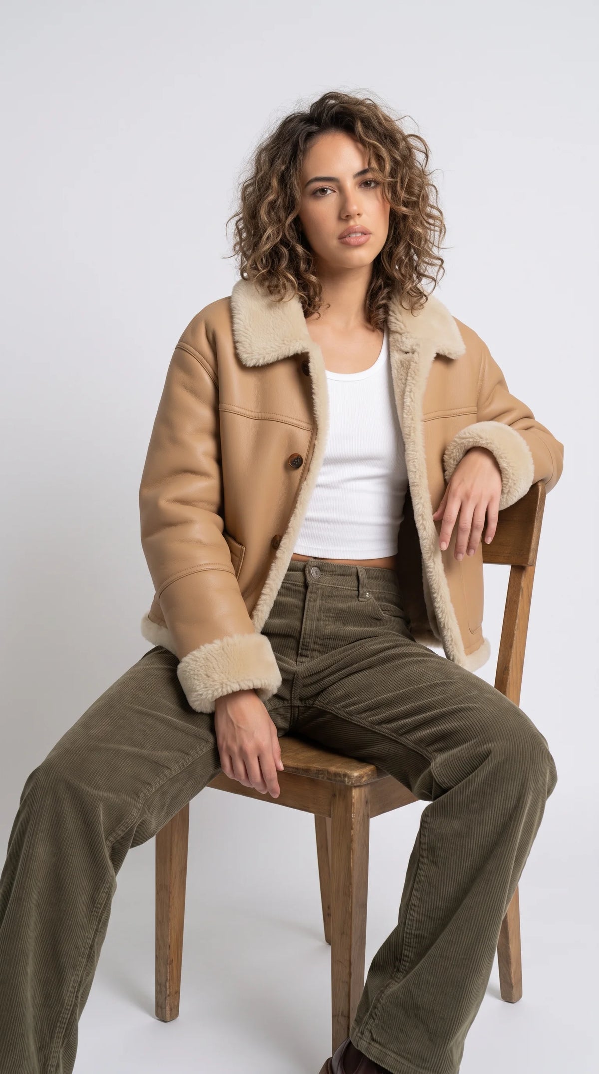 Detailed leather and shearling textures on a camel beige winter jacket, highlighting the smooth matte leather surface, soft cream pile, tonal panel construction and refined button details.