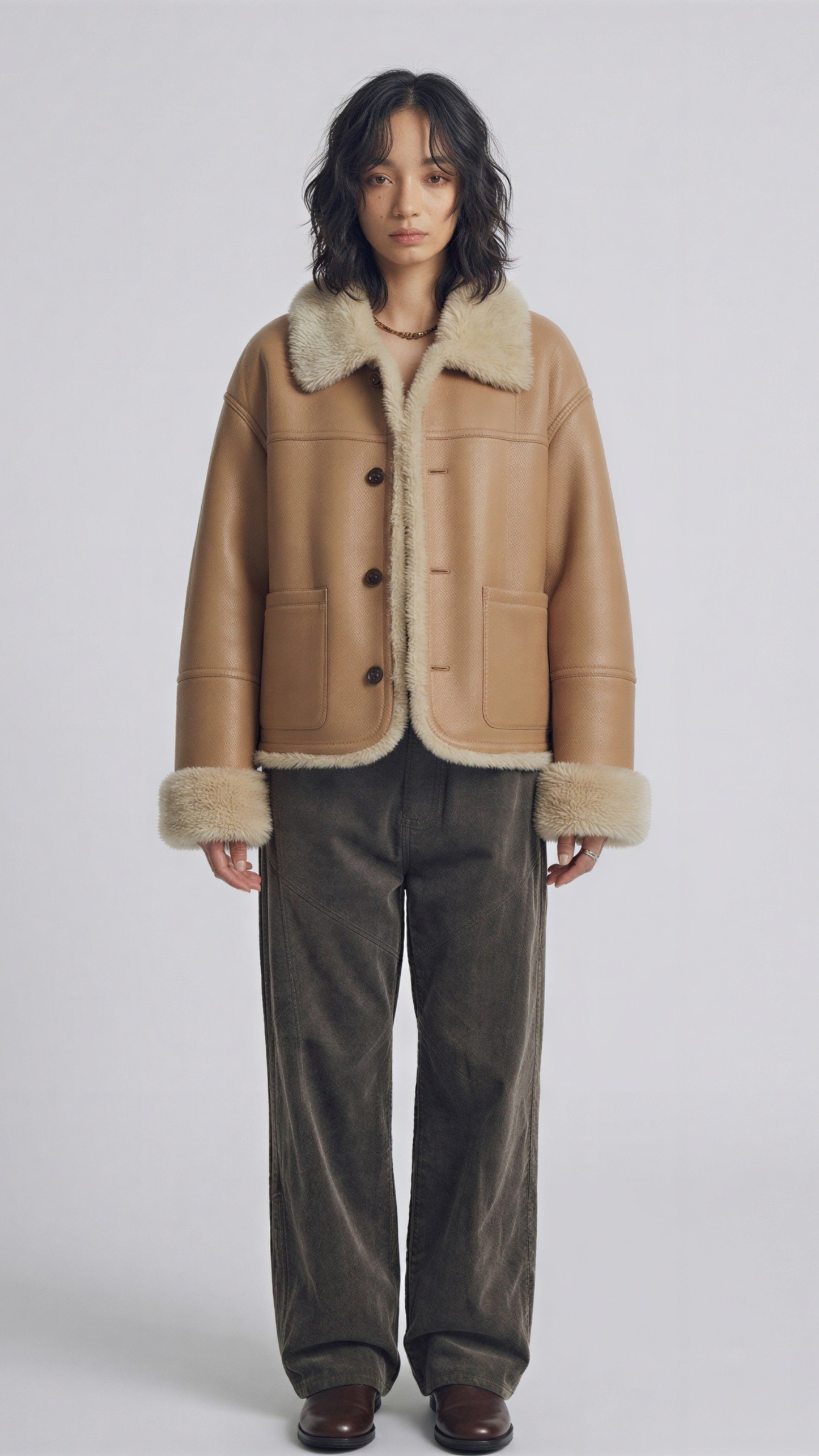 a premium beige leather flight jacket featuring a matching soft cream shearling collar.