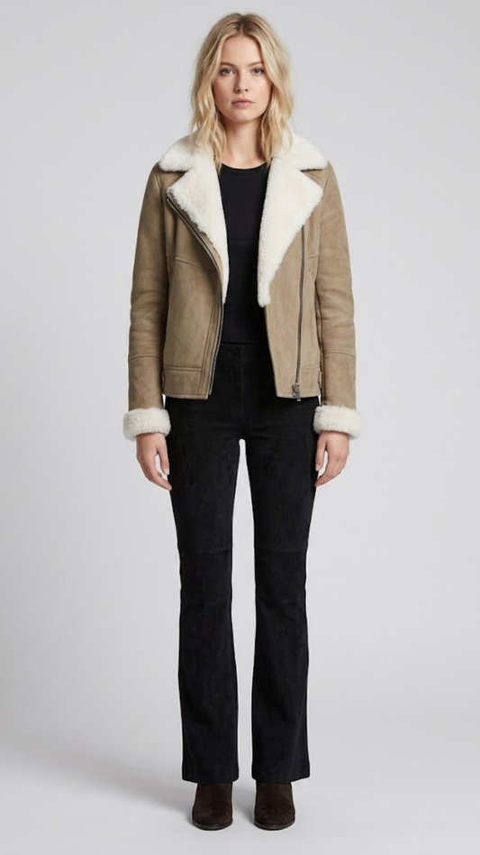 premium jackero beige suede jacket highlighting a clean zipper front and a thick, soft white shearling collar.