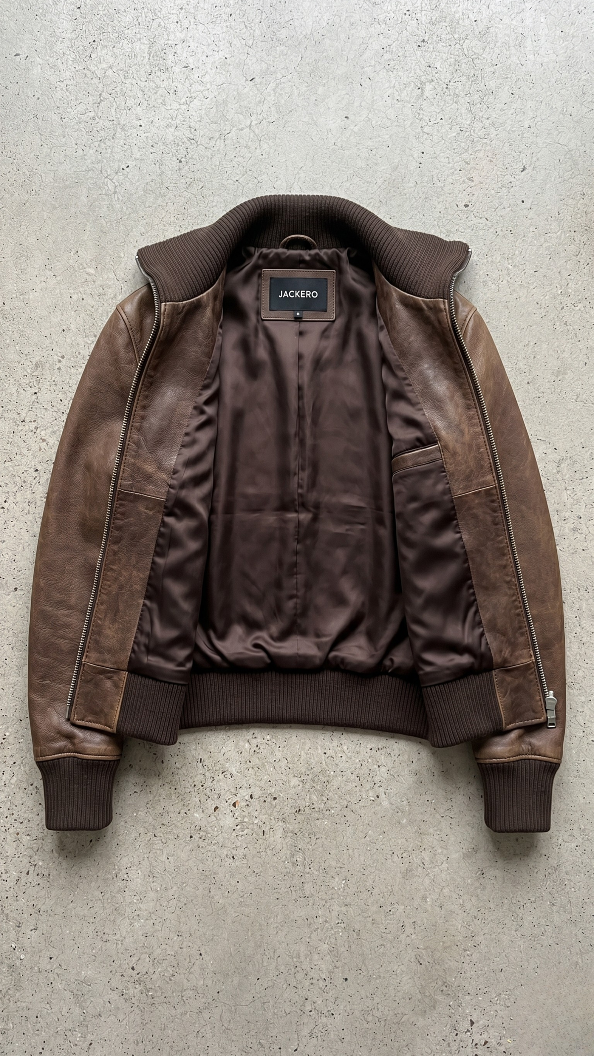 Professional e-commerce product flat lay featuring the premium deep brown leather bomber coat perfectly aligned on a neutral studio background.