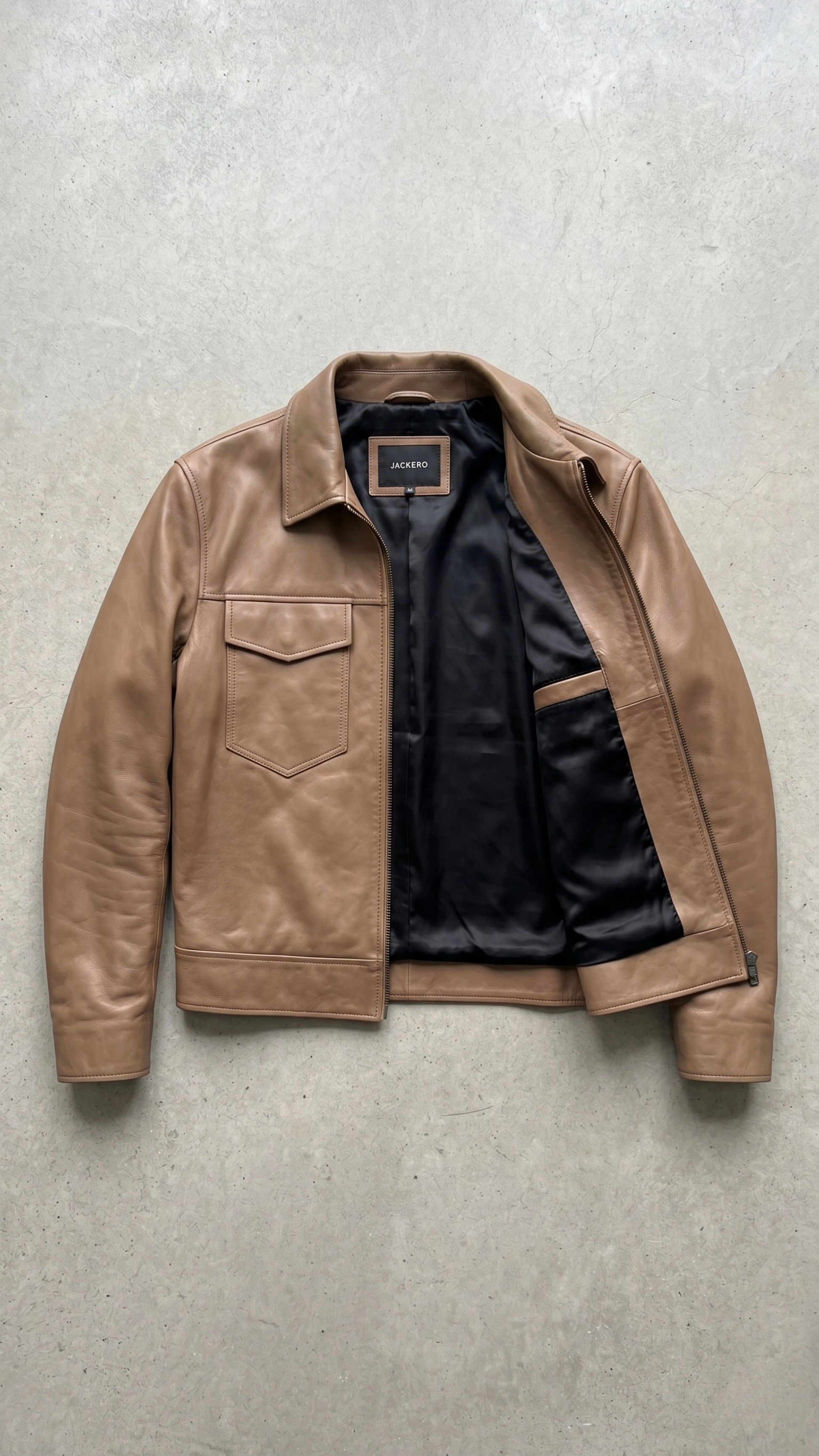 flat lay merchandising display featuring the light tan beige leather bomber jacket neatly arranged on a clean background.