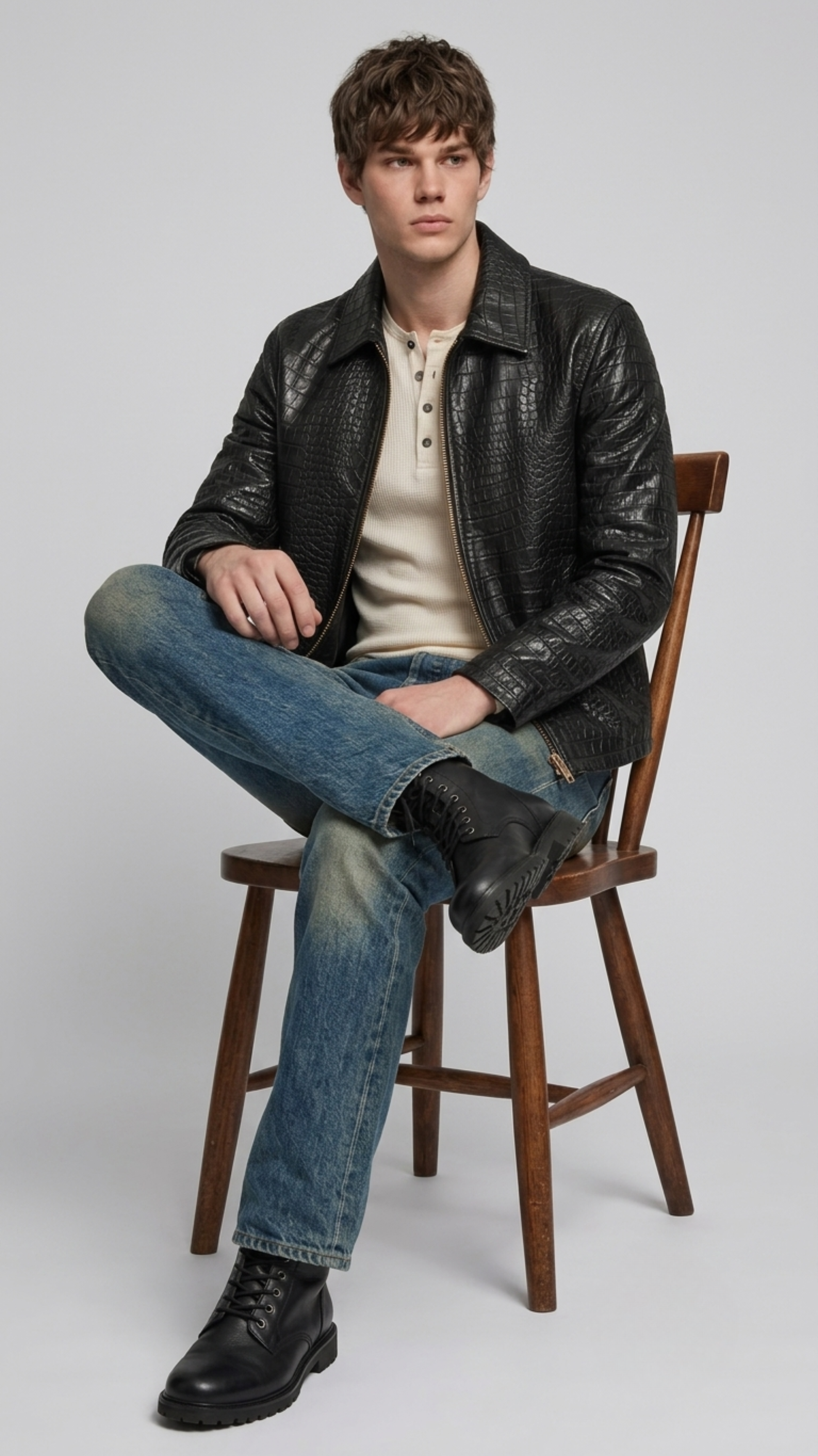 Minimalist black crocodile leather outerwear with high-quality zipper and simple cuffs.