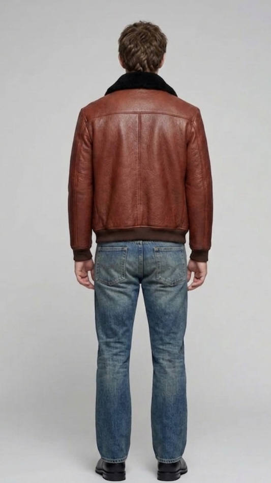 Symmetrical rear view of the cognac brown leather flight jacket highlighting premium panel stitching and a structured masculine silhouette.