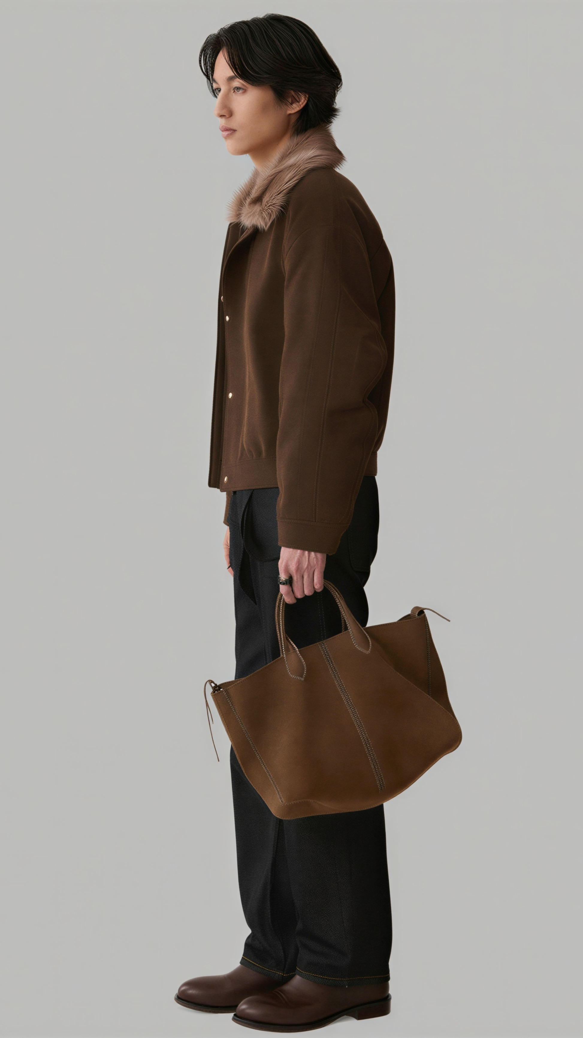 A male model styling a classic autumn look featuring Jackero's premium dark brown utility jacket with a warm, fluffy shearling collar.
