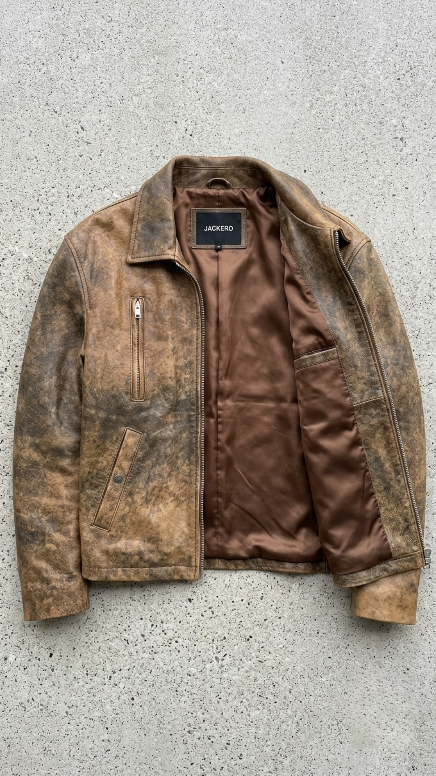 Retro fashion aesthetic featuring a premium light brown distressed leather outerwear on a light grey background.