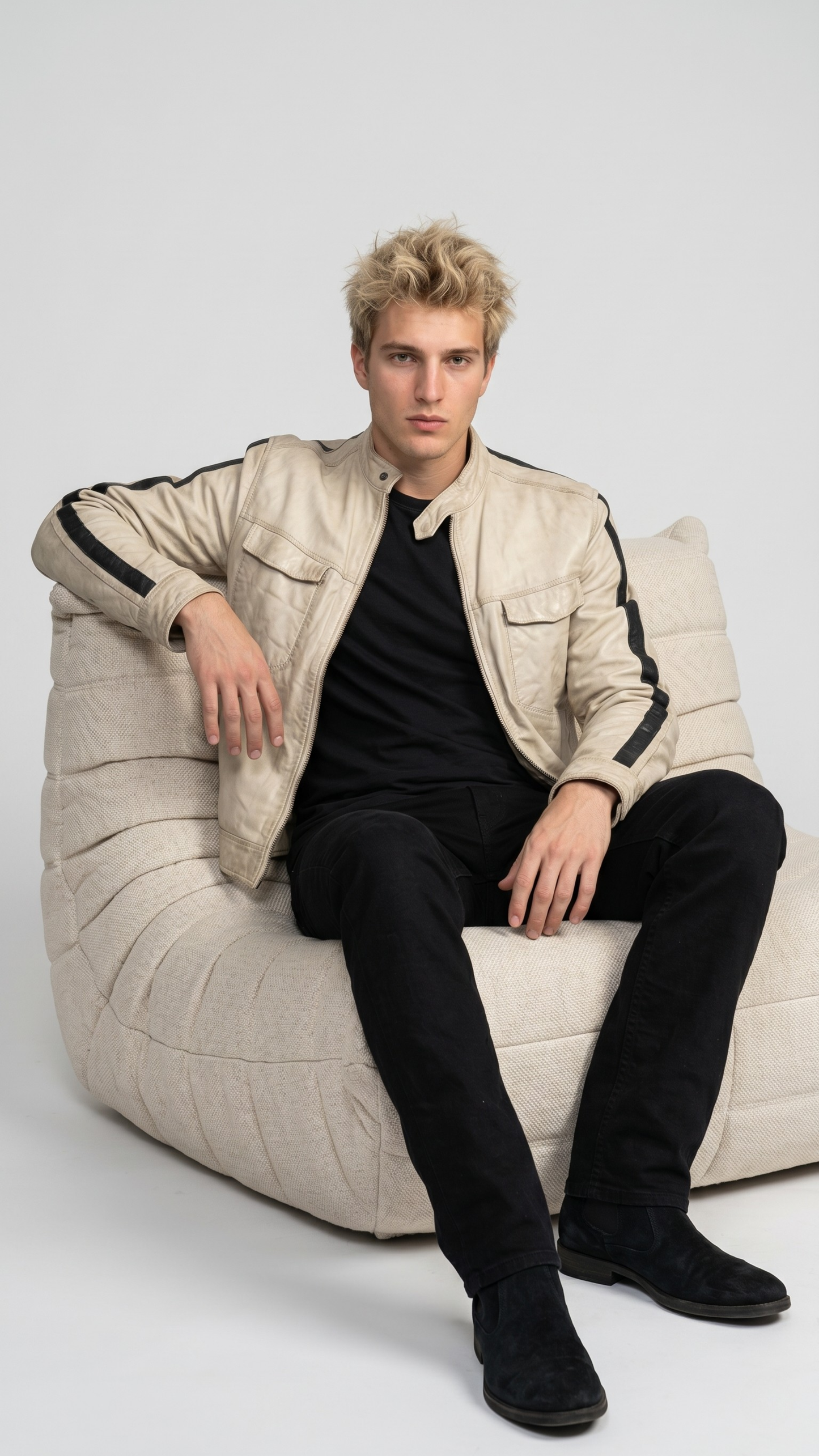 Premium men's fashion lookbook editorial showcasing a sophisticated neutral outfit centered around a luxury off-white leather rider coat.