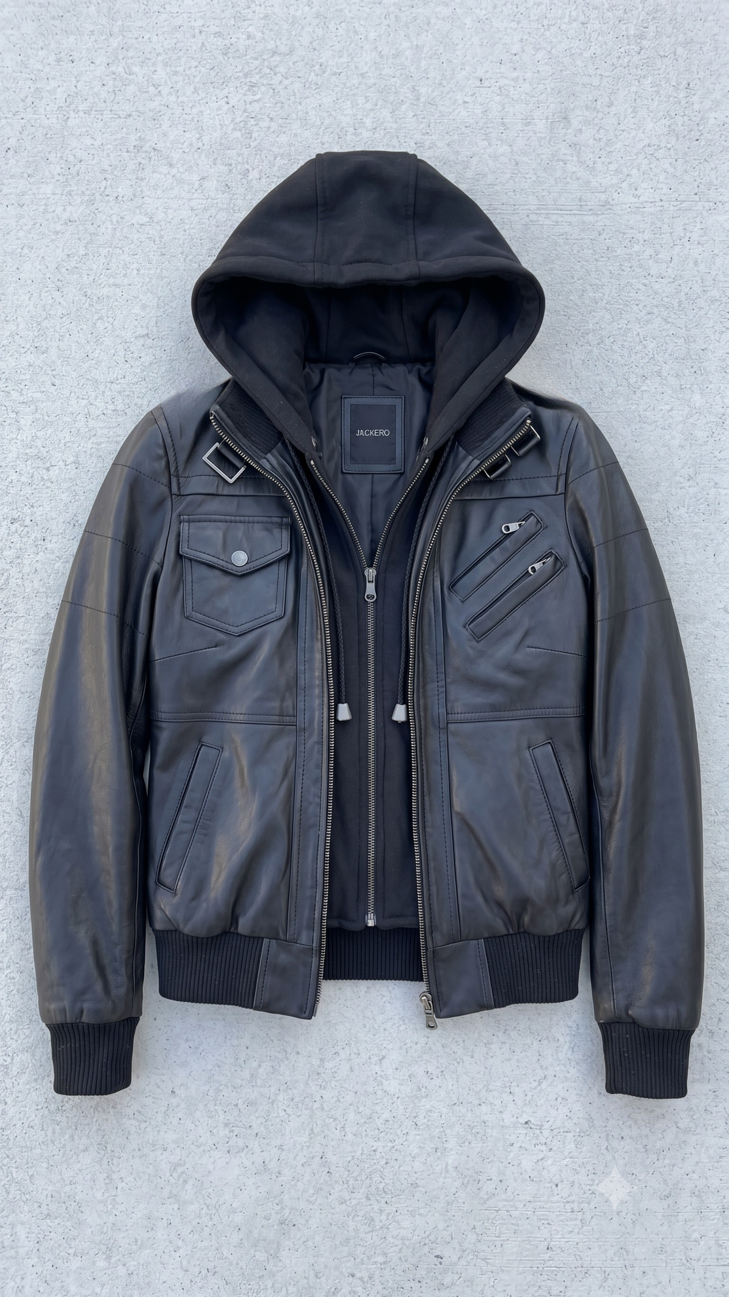 Minimalist studio product flat lay presentation featuring the luxury black hooded leather bomber jacket neatly displayed on a contrasting setup.