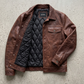 Professional product flat lay presentation displaying the premium dark tan brown distressed leather coat laid out flat on a clean background.