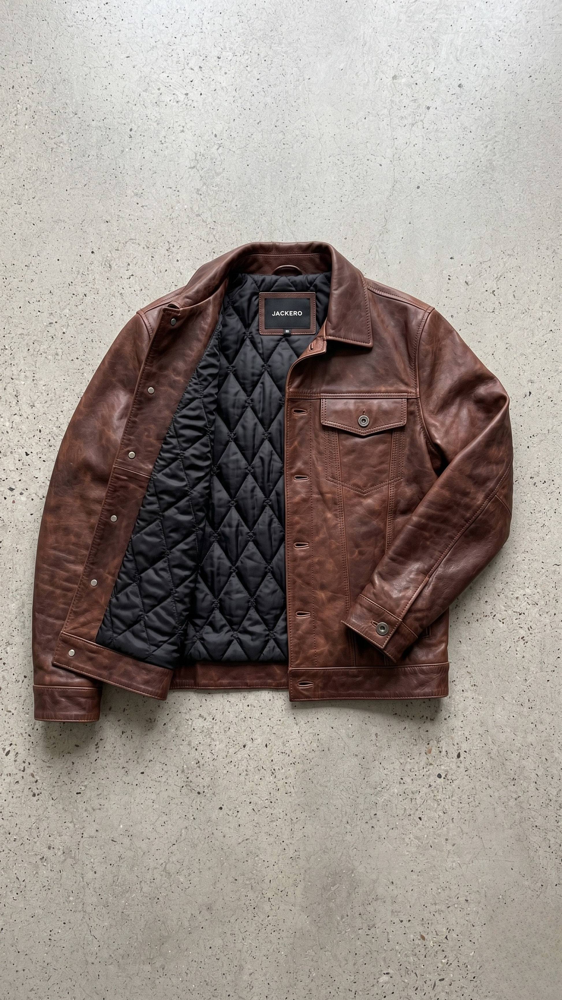 Professional product flat lay presentation displaying the premium dark tan brown distressed leather coat laid out flat on a clean background.
