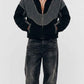 Front view of oversized black and dark grey wool Y2K jacket featuring textured fleece finish and stand-up collar.