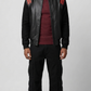 Jackero premium black and red leather bomber jacket highlighting the bold colorblock design and sleek front zipper closure.
