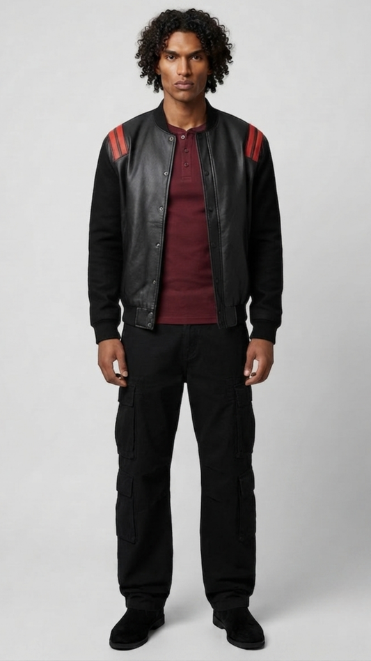 Jackero premium black and red leather bomber jacket highlighting the bold colorblock design and sleek front zipper closure.