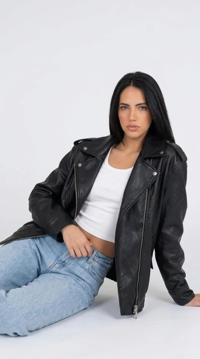 Contemporary fashion styling featuring an oversized black leather biker jacket worn open over a fitted white crop top and pale-blue jeans while seated in a relaxed studio pose. The broad asymmetrical lapels, silver zipper hardware and voluminous sleeves add a bold motorcycle-inspired character, creating an editorial outfit that mixes casual denim with confident, fashion-forward leather outerwear.