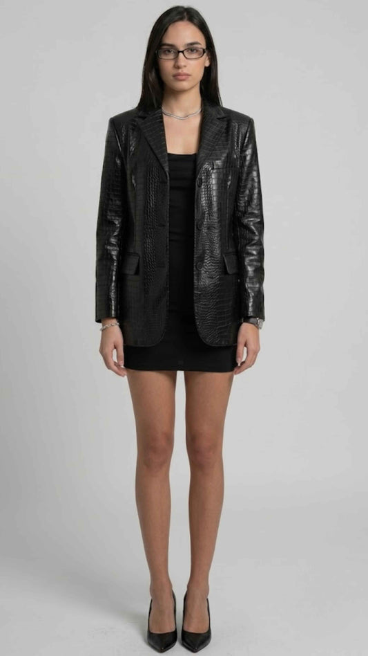 model wearing a jackero black crocodile embossed leather blazer with single breasted button closure