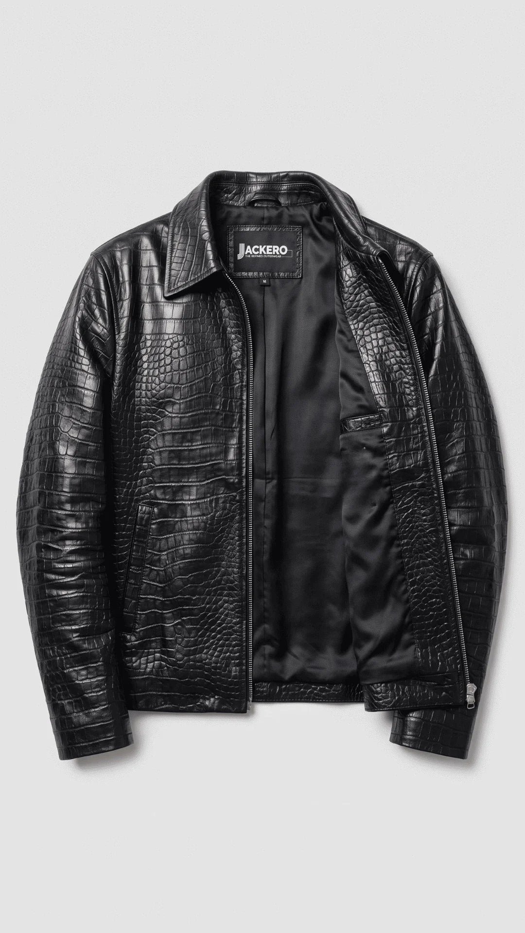 Buy men's black croc embossed real leather jacket online, stylish full sleeve zip-up design with textured crocodile pattern, durable and warm, available for winter, riding and everyday wear