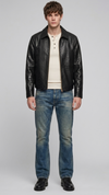 Black crocodile textured leather jacket by Jackero shown from the front view on a studio background.