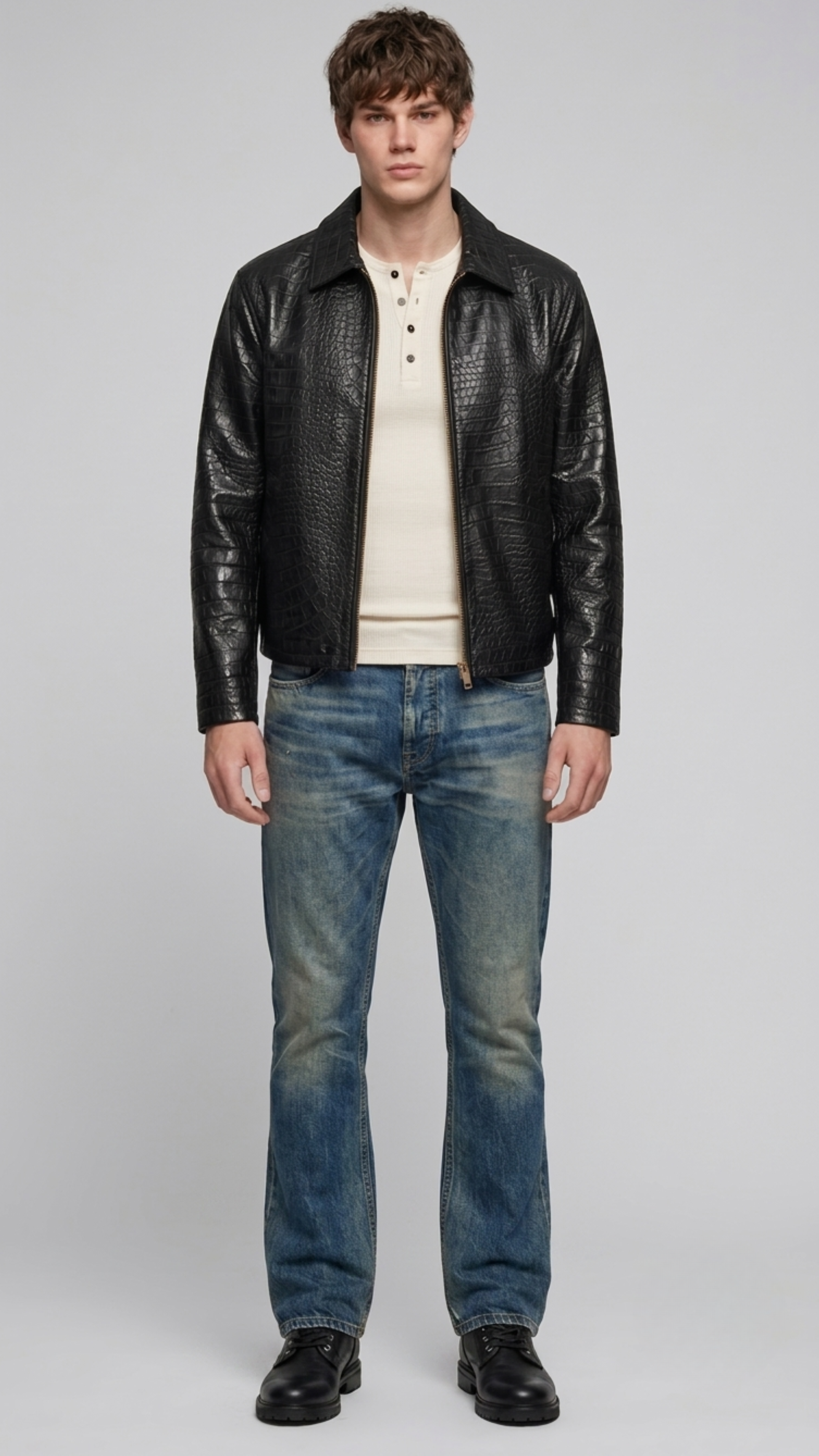 Black crocodile textured leather jacket by Jackero shown from the front view on a studio background.