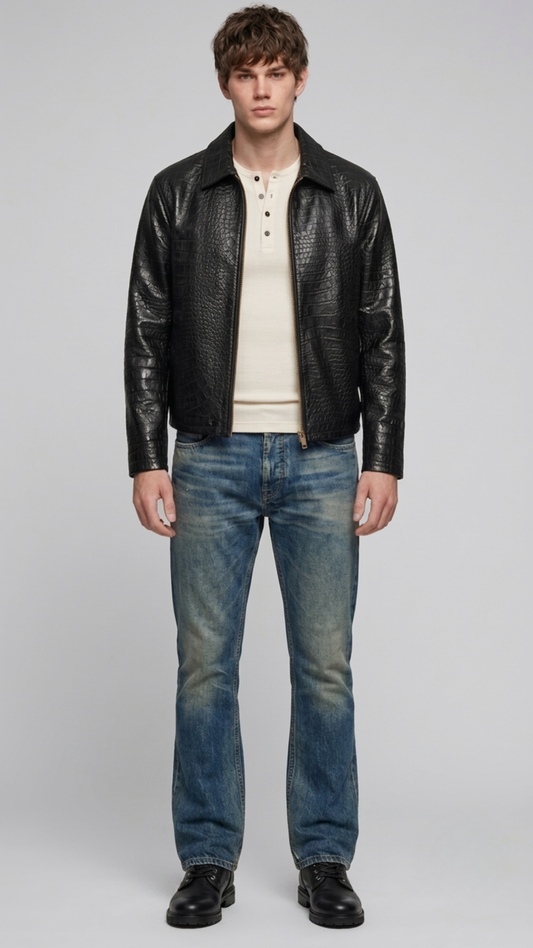 Black crocodile textured leather jacket by Jackero shown from the front view on a studio background.