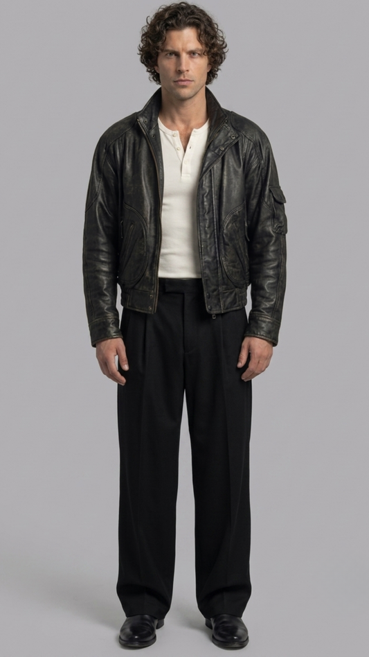 Jackero premium black distressed leather jacket showing the unique faded vintage finish and asymmetric front zipper.