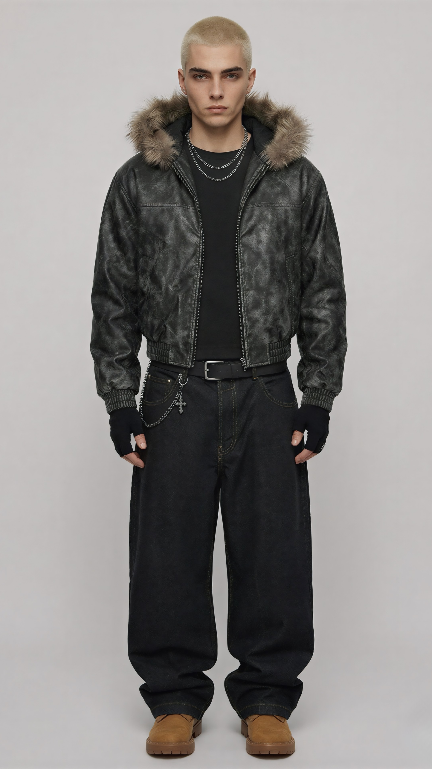 Black distressed leather Y2K jacket with a prominent fur hood shown from the front view.