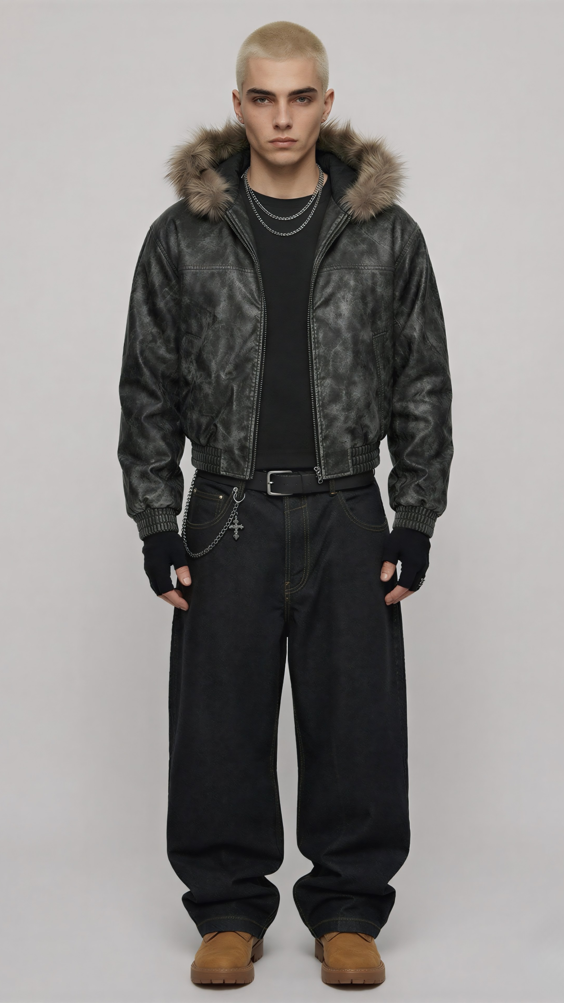 Black distressed leather Y2K jacket with a prominent fur hood shown from the front view.