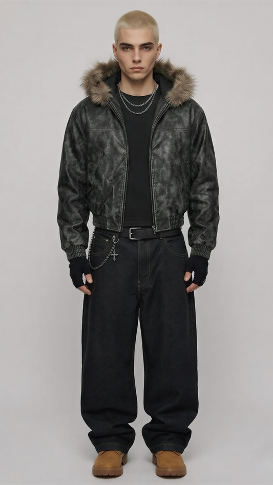 Black distressed leather Y2K jacket with a prominent fur hood shown from the front view.