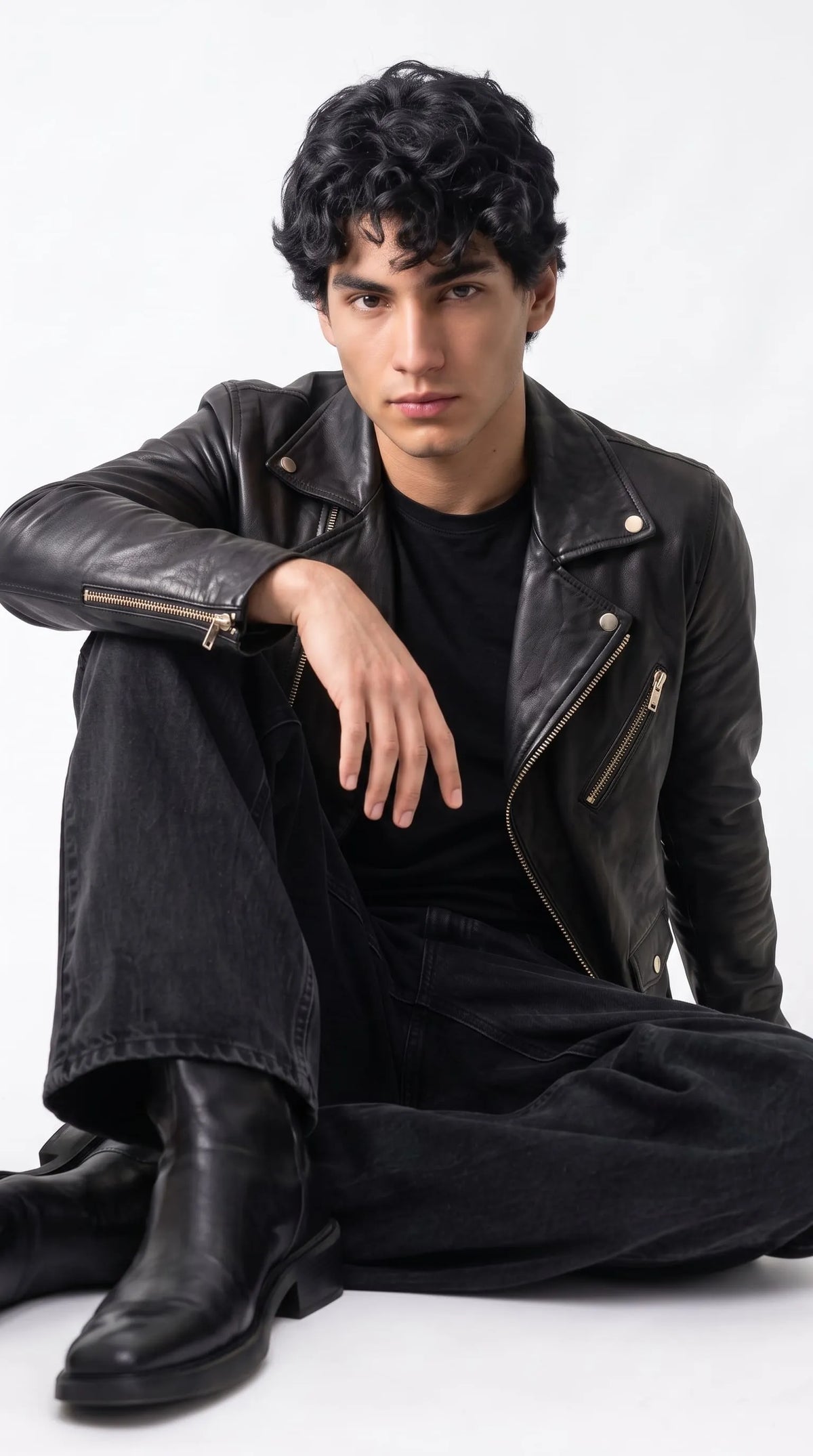 Black genuine leather biker jacket paired with dark denim jeans and black leather boots, showcasing its broad moto lapels, silver hardware and rugged tailored shape for alternative street fashion, weekend styling and an effortlessly coordinated all-black look.