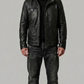A professional studio front shot of the Jackero black leather jacket with the hood pulled up, highlighting a modern urban look on a grey backdrop.