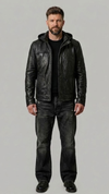 A professional studio front shot of the Jackero black leather jacket with the hood pulled up, highlighting a modern urban look on a grey backdrop.