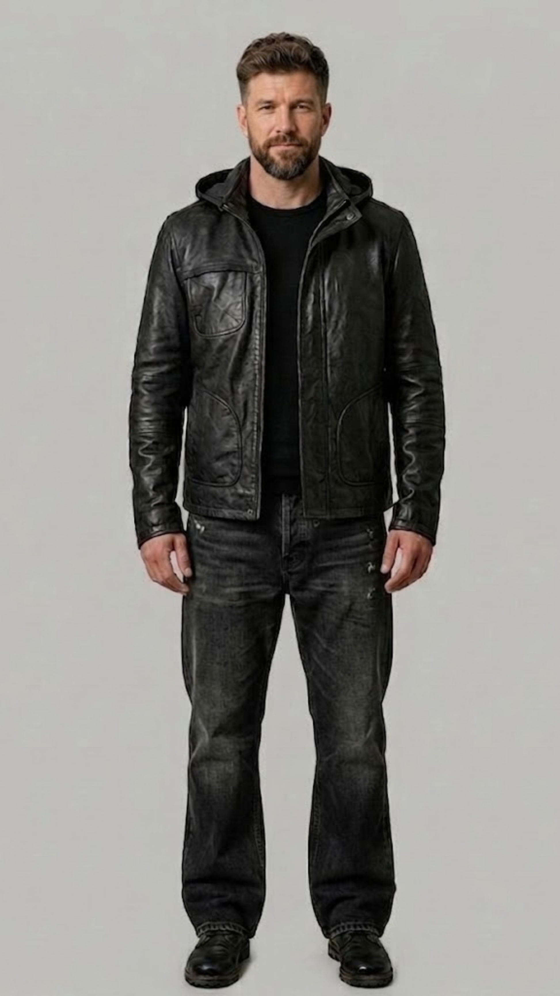 A professional studio front shot of the Jackero black leather jacket with the hood pulled up, highlighting a modern urban look on a grey backdrop.