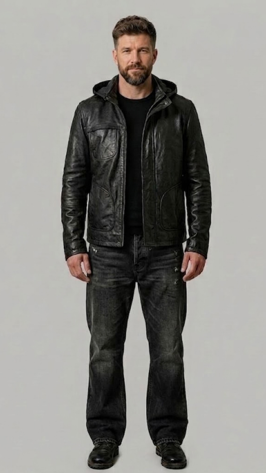 A professional studio front shot of the Jackero black leather jacket with the hood pulled up, highlighting a modern urban look on a grey backdrop.