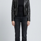 Jackero premium black leather blazer featuring sharp notched lapels and a classic two-button closure.