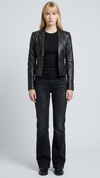 Jackero premium black leather blazer featuring sharp notched lapels and a classic two-button closure.
