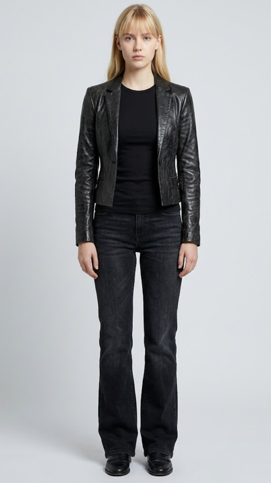 Jackero premium black leather blazer featuring sharp notched lapels and a classic two-button closure.
